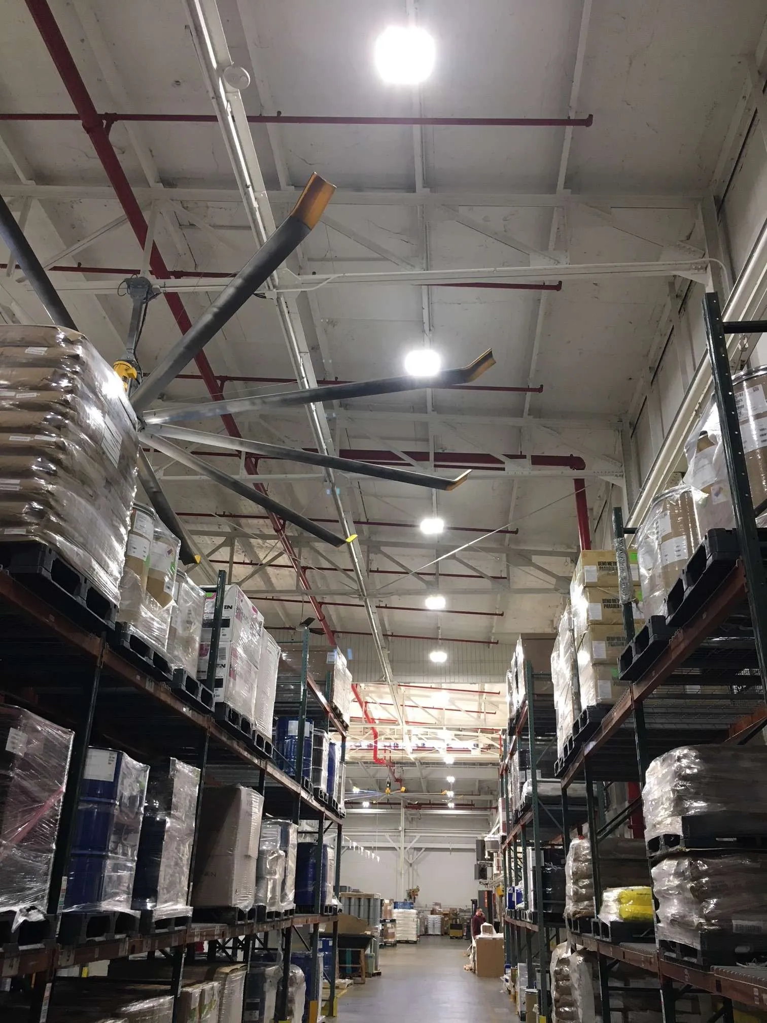 Large warehouse retrofitted with LED high-bay lighting